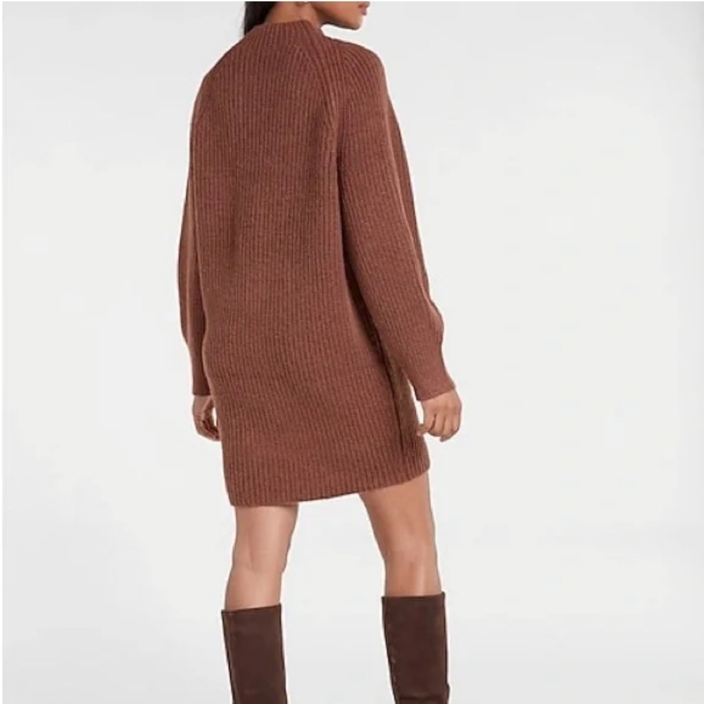 Express Chocolate NWT Raglan Long Sleeve Rib-Knit Sweater Dress Size Medium Mini - Picture 2 of 14